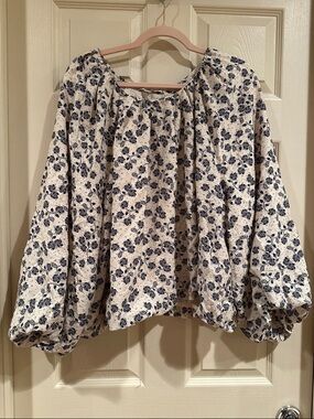 LOFT Cream Blouse with Navy Floral Print